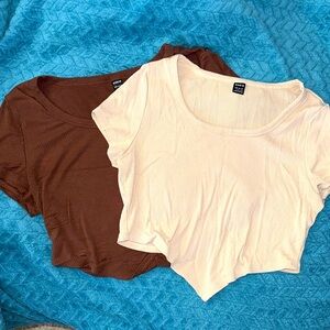 SHEIN Ribbed Chocolate Brown & Beige Bundle of 2 Crop Tops - L